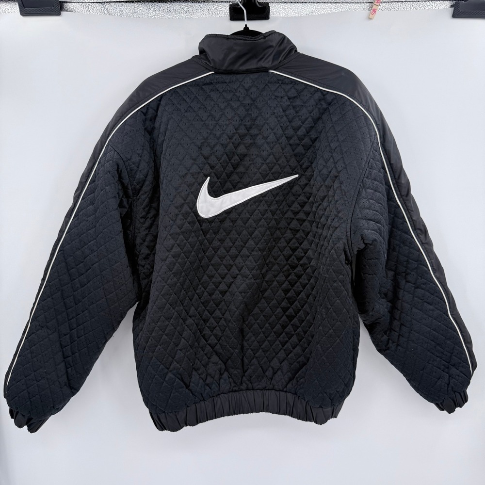 Vintage 90's Nike Quilted Bomber Jacket Black White Swoosh Logo Full Zip Men's L